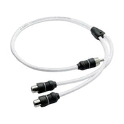 Image of an RCA splitter cable with two female RCA jacks and one male RCA jack on a white background.