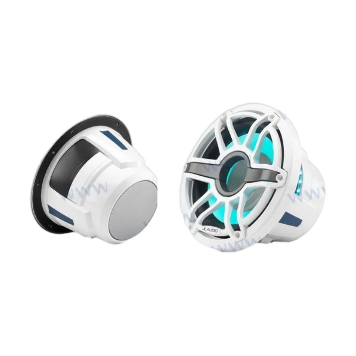 Image of a pair of marine speakers on a white background.