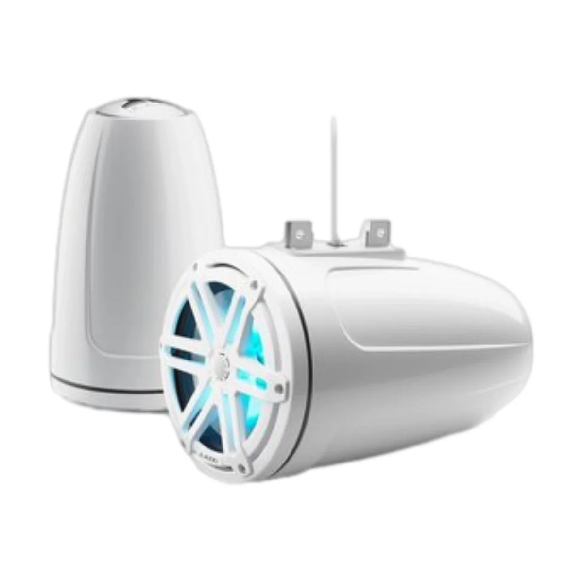 Image of a pair of marine tower speakers on a white background.