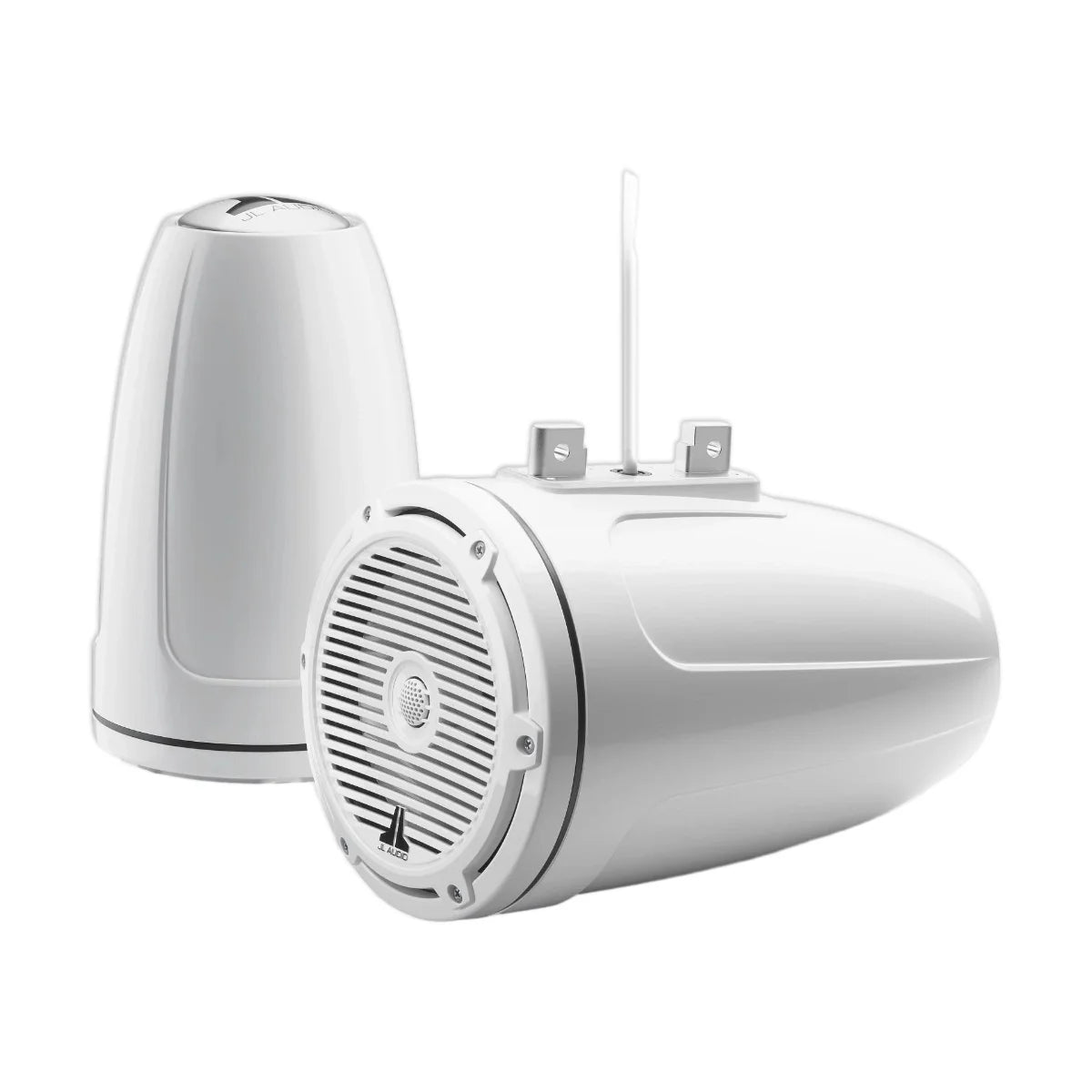 Image of a pair of marine tower speakers on a white background.