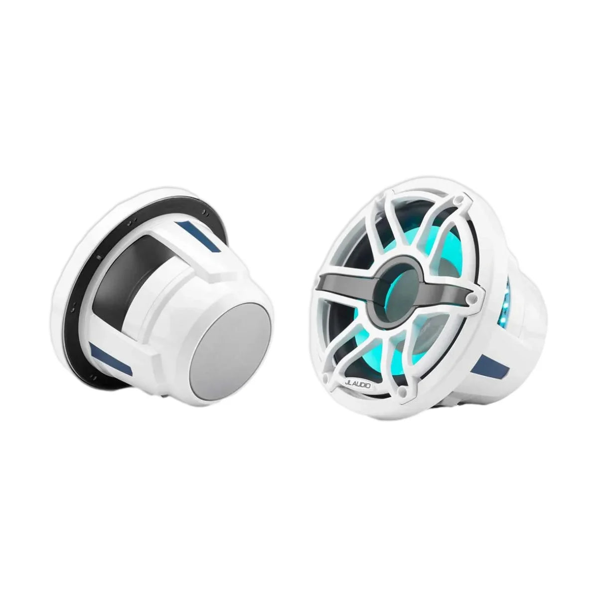 Image of a pair of marine speakers on a white background.