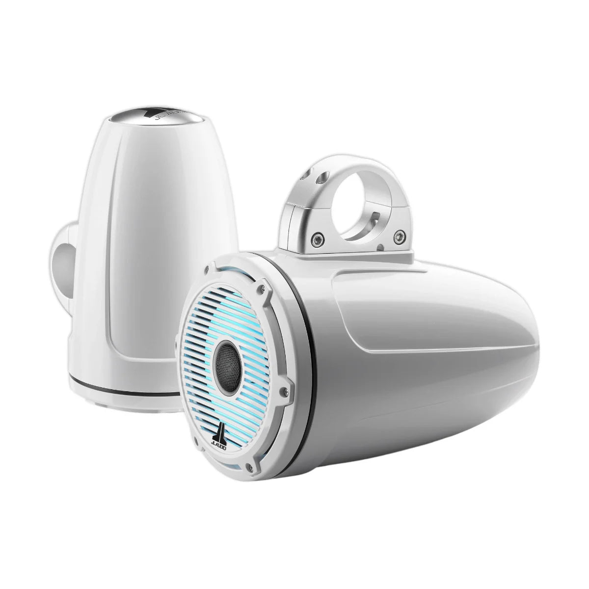 Image of a pair of marine tower speakers on a white background.