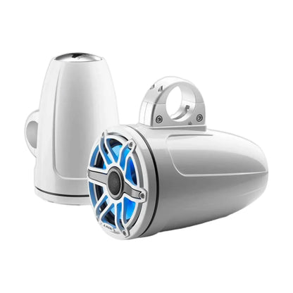 Image of a pair of marine tower speakers on a white background.