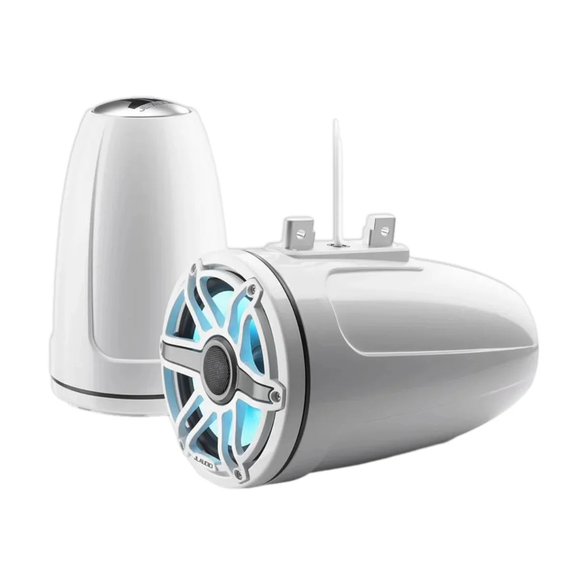 Image of a pair of marine tower speakers on a white background.