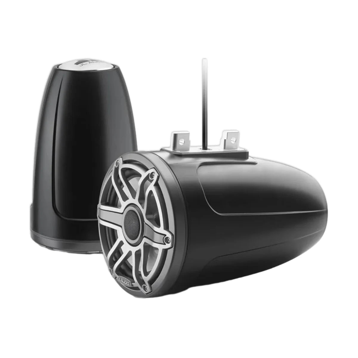 Image of a pair of marine tower speakers on a white background.