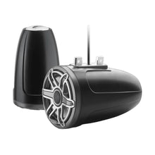 Image of a pair of marine tower speakers on a white background.