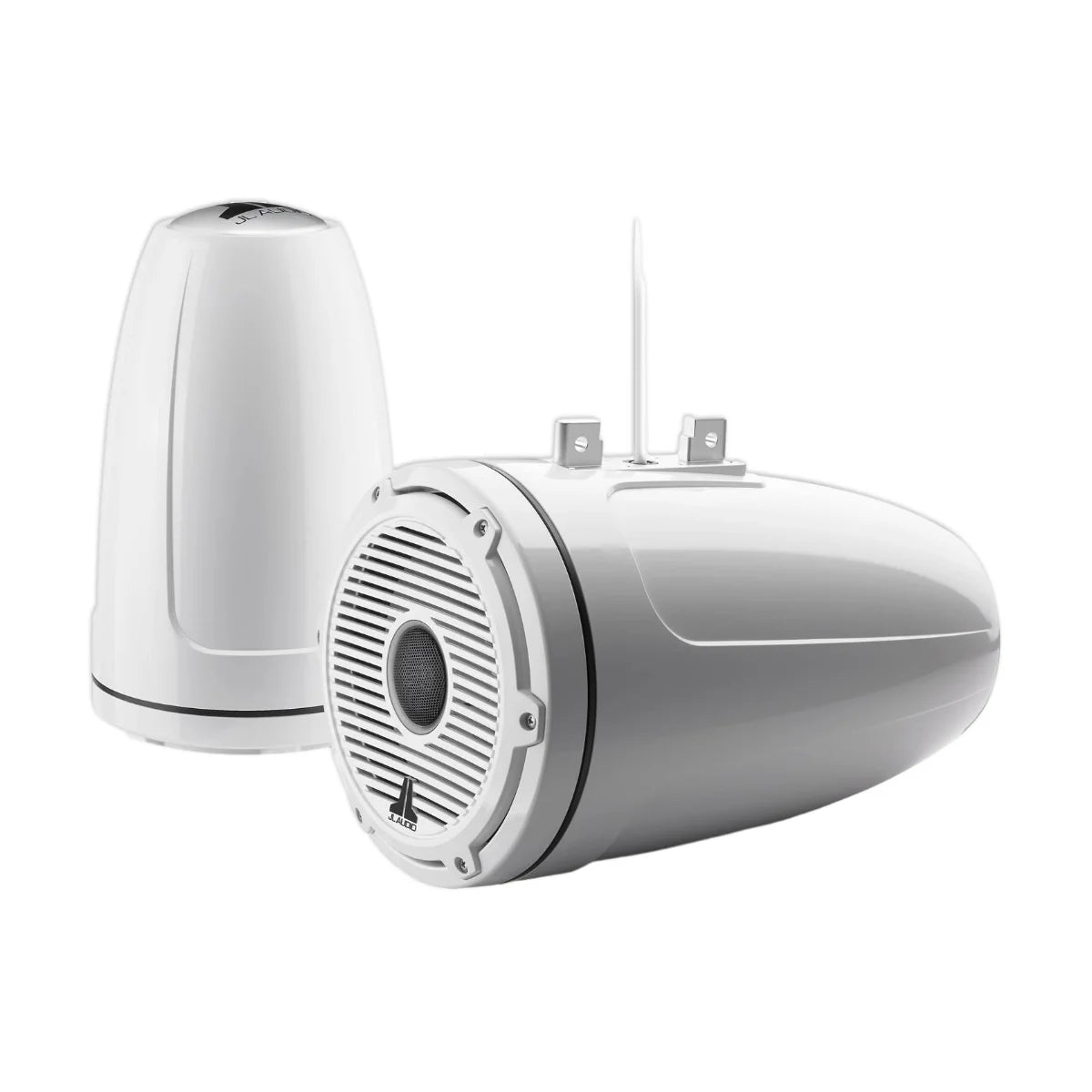 Image of a pair of marine tower speakers on a white background.