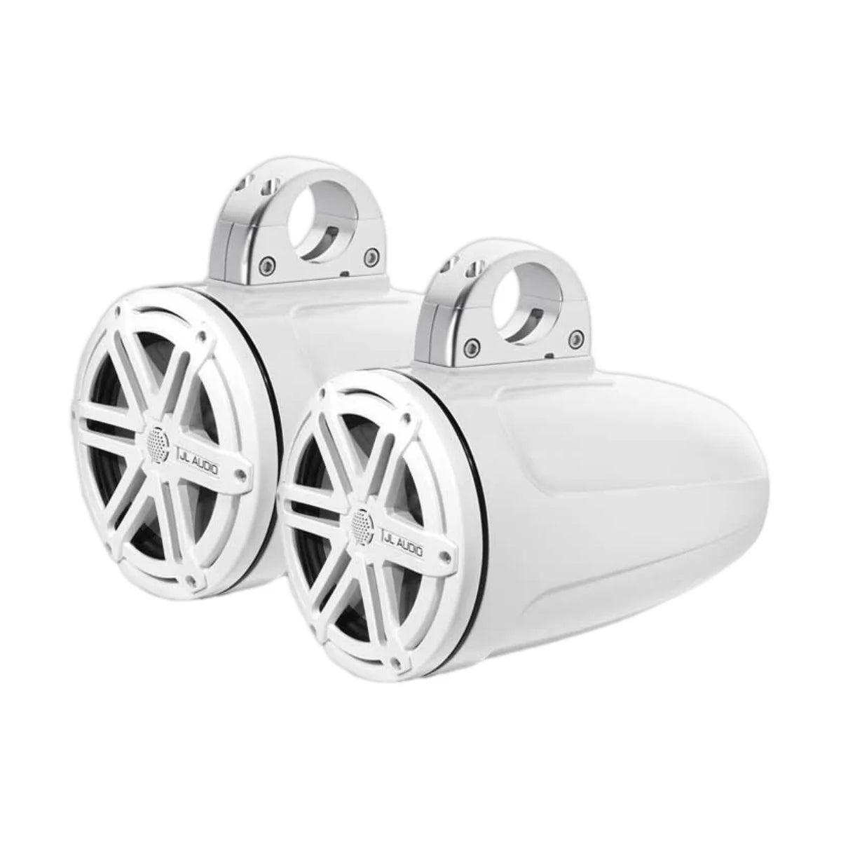 Image of a pair of marine tower speakers on a white background.