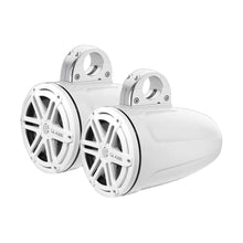 Image of a pair of marine tower speakers on a white background.