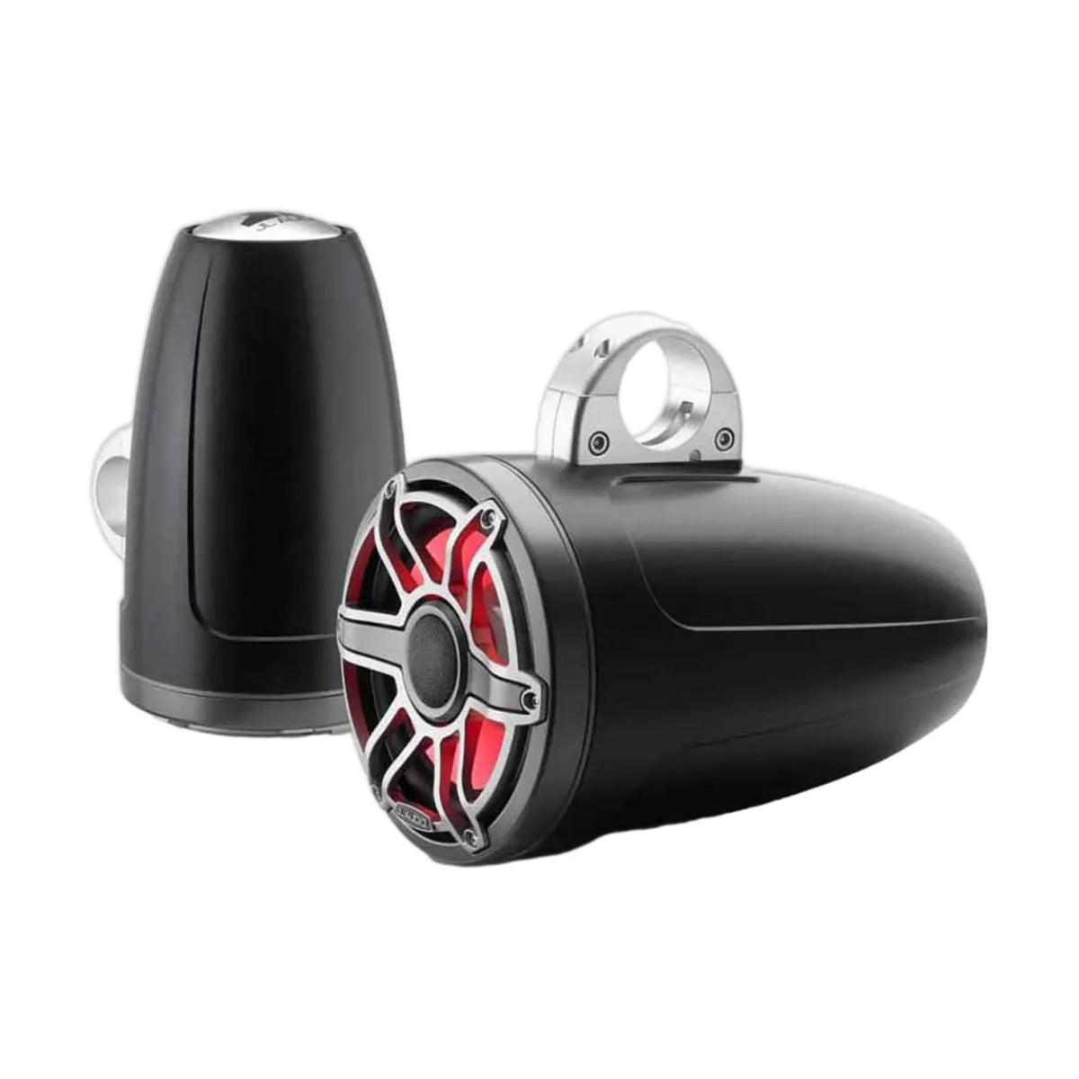 Image of a pair of marine tower speakers on a white background.