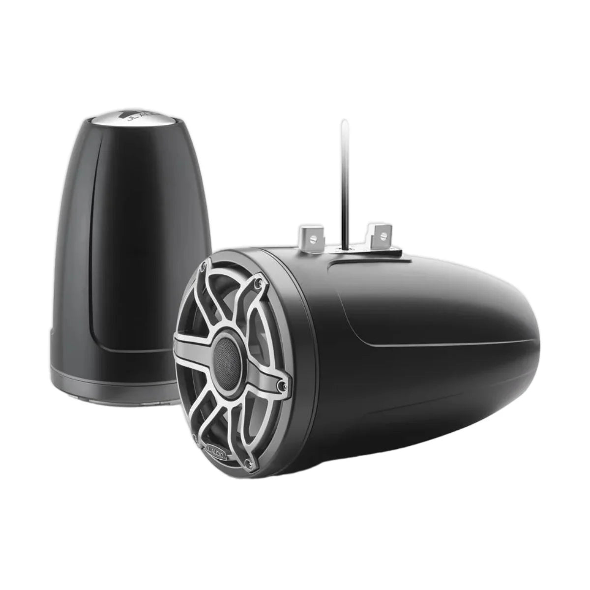 Image of a pair of marine tower speakers on a white background.