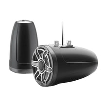 Image of a pair of marine tower speakers on a white background.
