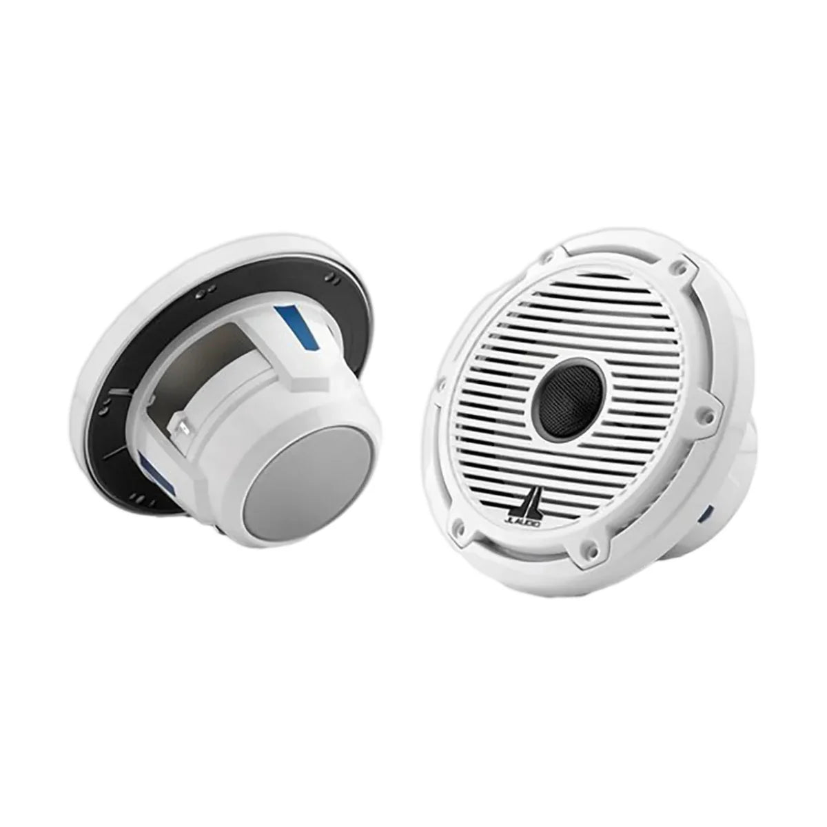 Image of a pair of  marine speakers on a white background.