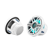 Image of a pair of  marine speakers on a white background.
