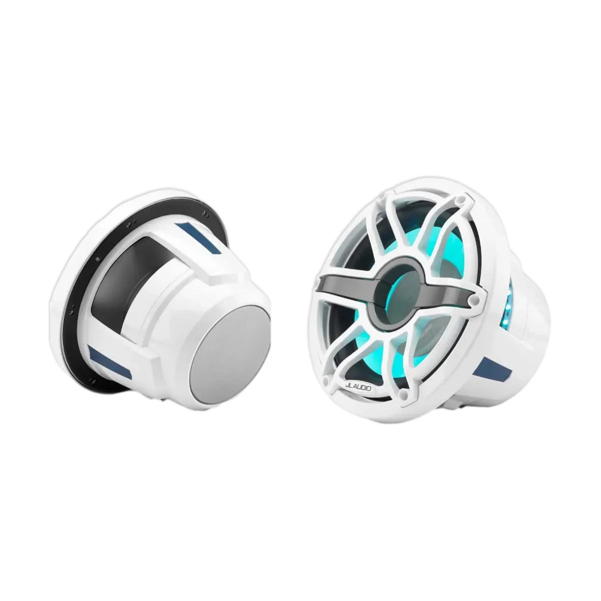 Image of a pair of  marine speakers on a white background.