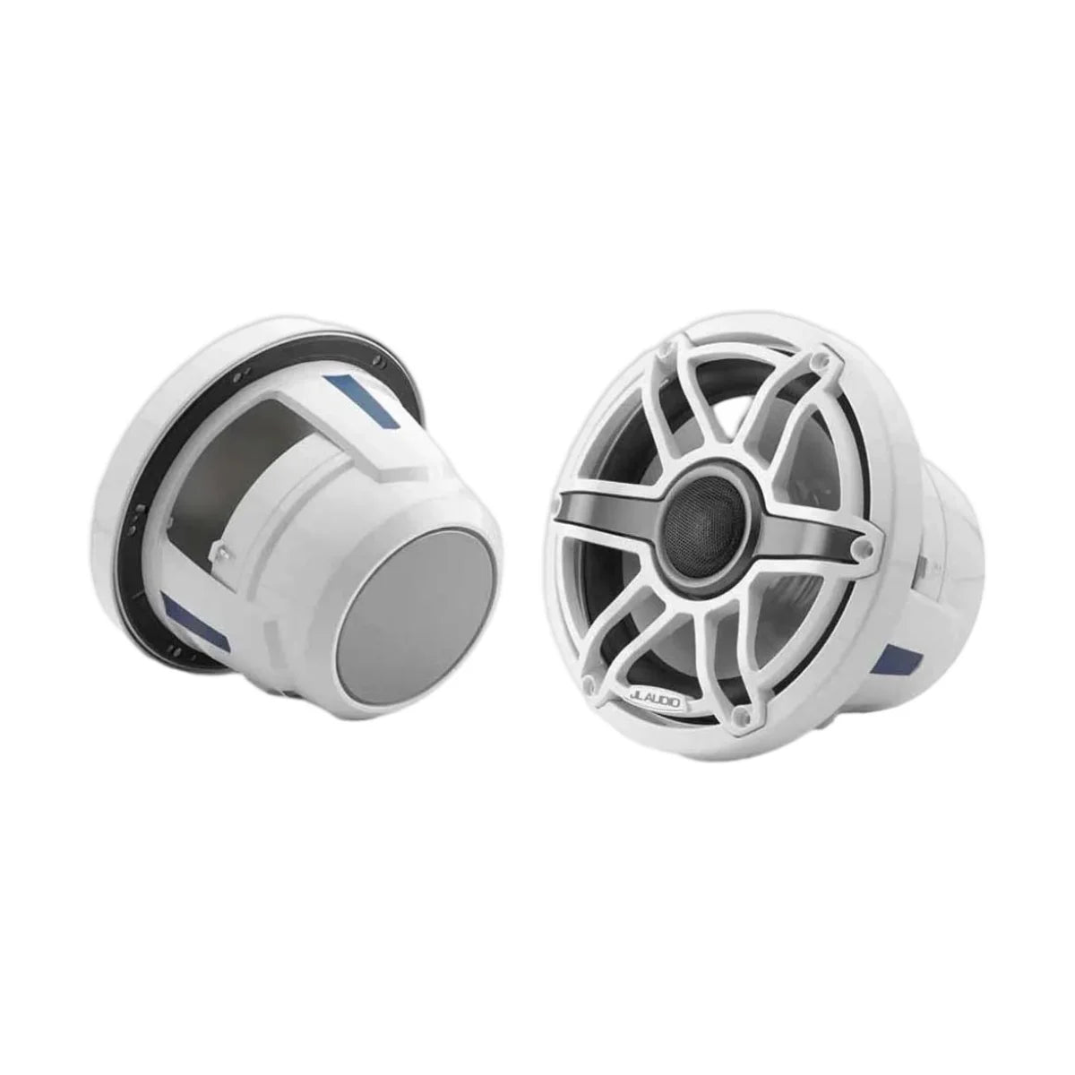Image of a pair of  marine speakers on a white background.