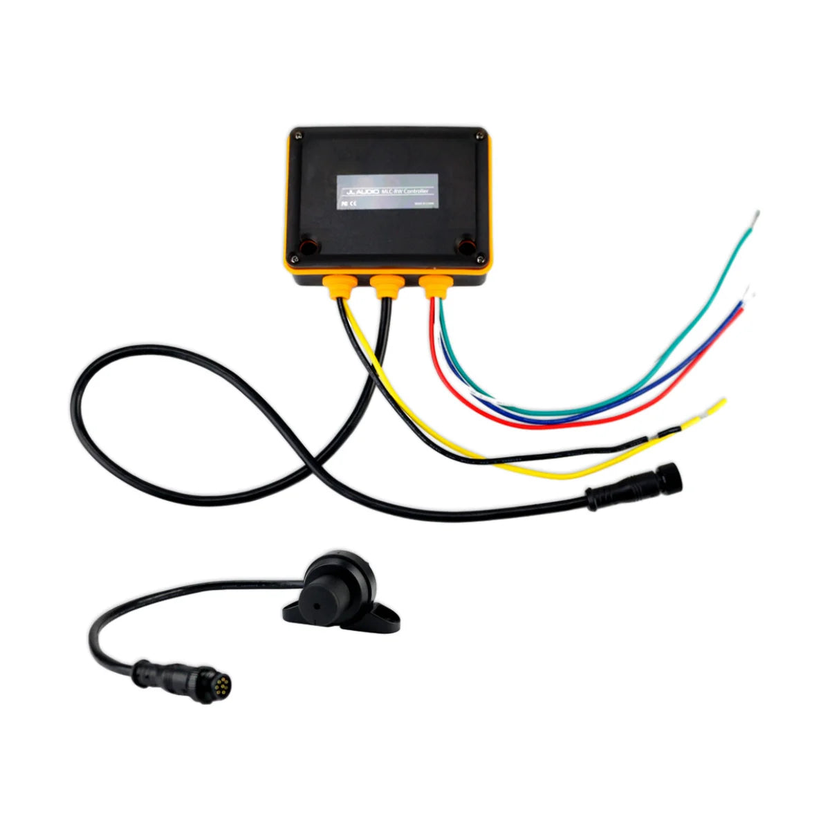 Image of an audio controller box and knob on a white background.