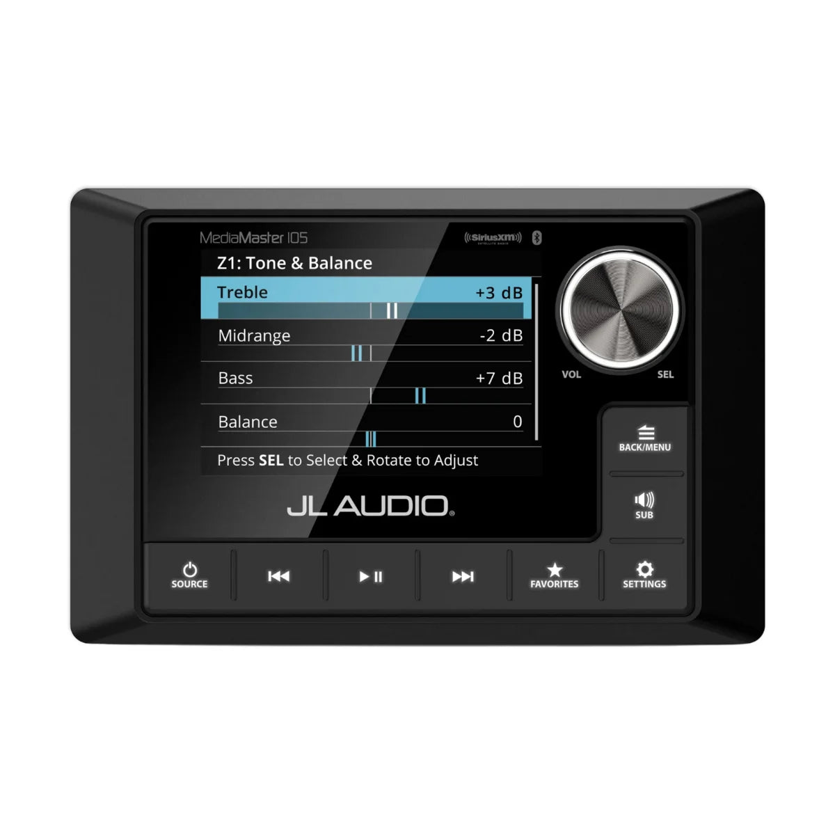 Image of a JL Audio marine media control panel on a white background.
