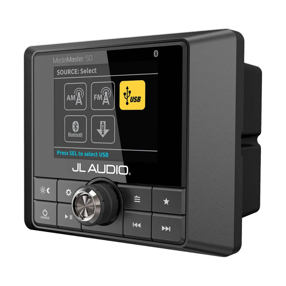 Image of a JL Audio audio source unit on a white background.