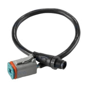 Image of a short cable with a connectors on the ends on a white background.