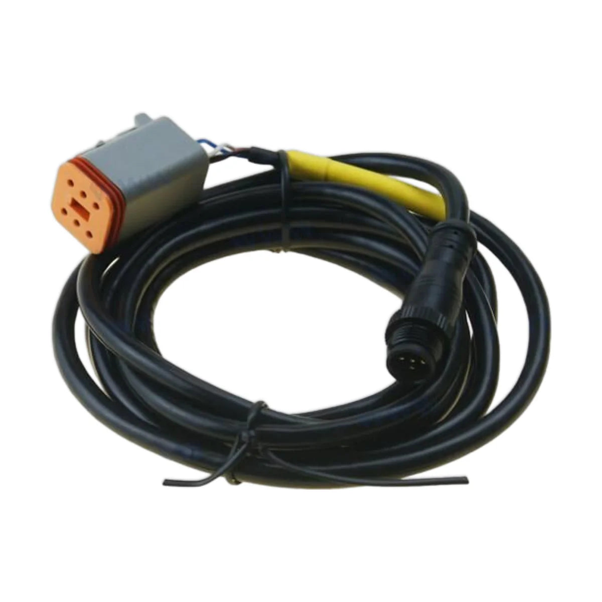 Image of a coil of wire with connectors on the ends on a white background.