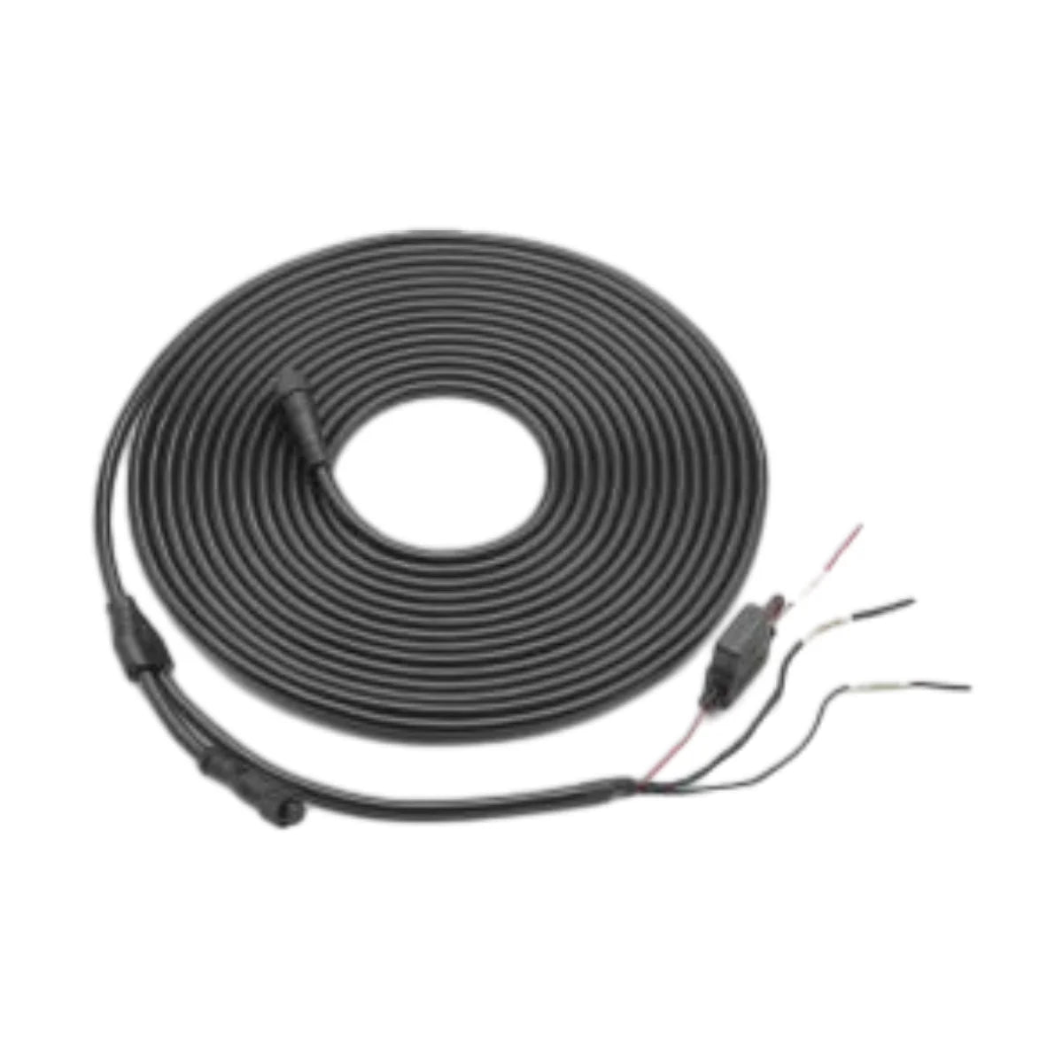 Image of a coiled up cable with an NMEA connector on one end and a fuse holder on the other on a white background.