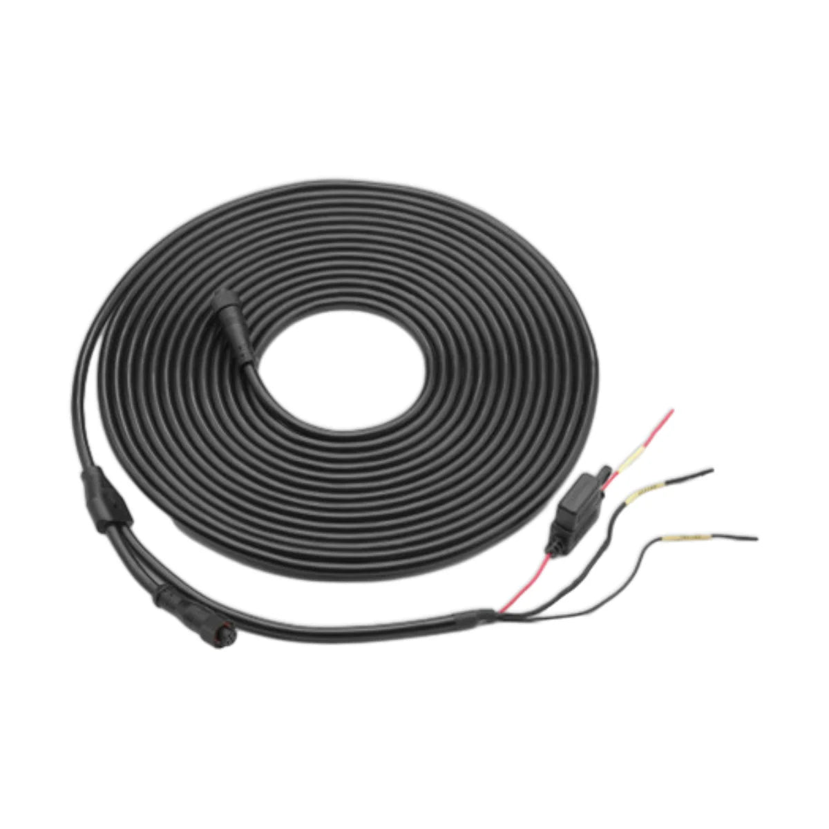 Image of a coil of wire with an NMEA connector on one end and a fuse holder on the other on a white background.