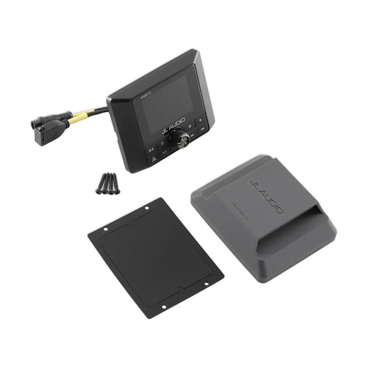 Image of a JL Audio media source unit next to a protective cover on a white background.