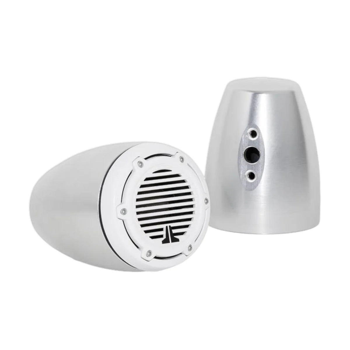 Image of a pair of JL Audio tower speaker pods on a white background. 