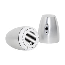Image of a pair of JL Audio tower speaker pods on a white background. 