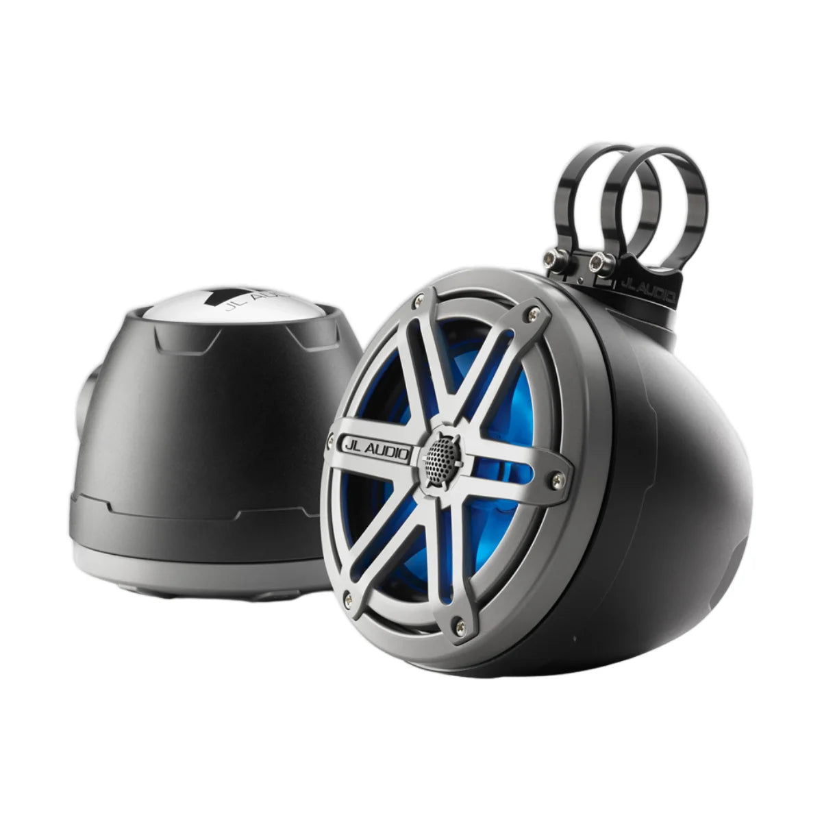 Image of a pair of marine tower speakers on a white background.