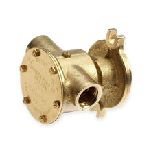 Brass Johnson raw water pump, view showing front face plate and hose ports.