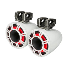 Image of a pair of marine tower speakers on a white background.