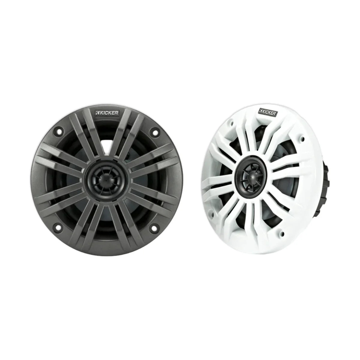 Image of a pair of Kicker marine speakers on a white background.