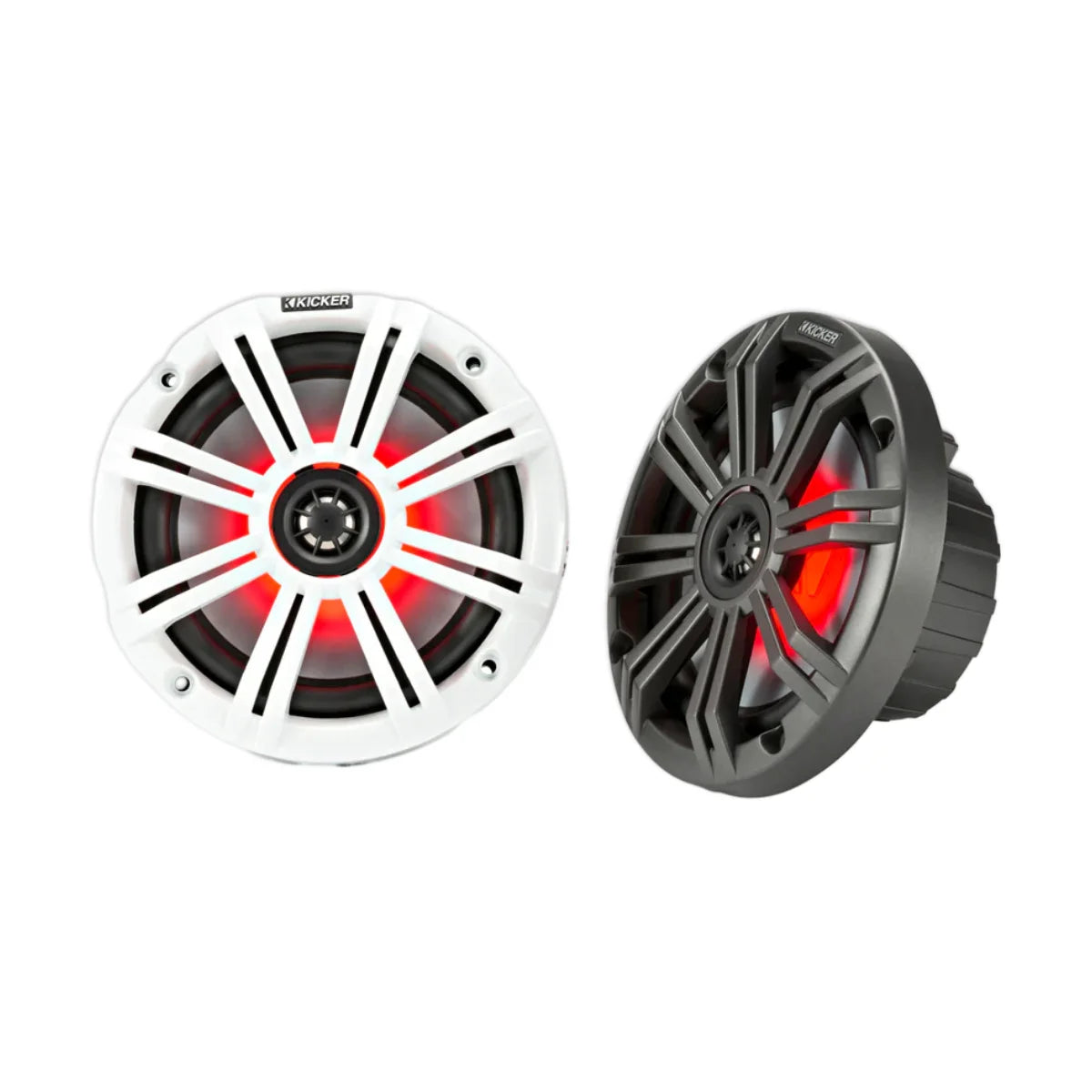 Image of a pair of Kicker marine speakers on a white background.