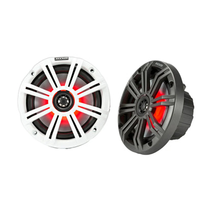 Image of a pair of Kicker marine speakers on a white background.