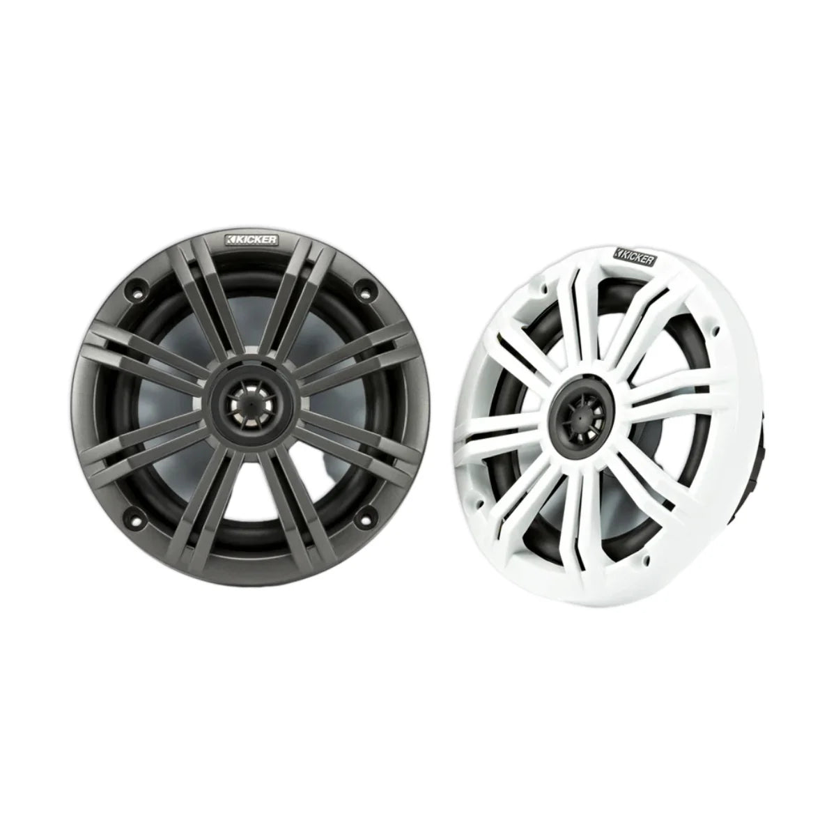 Image of a pair of Kicker marine speakers on a white background.