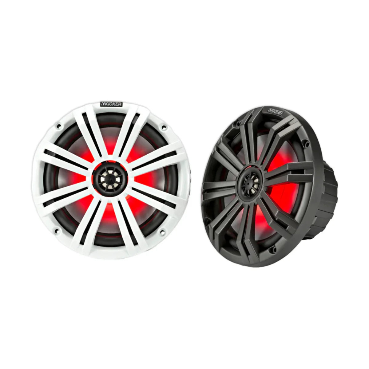Image of a pair of Kicker marine speakers on a white background.