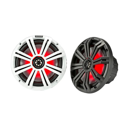 Image of a pair of Kicker marine speakers on a white background.