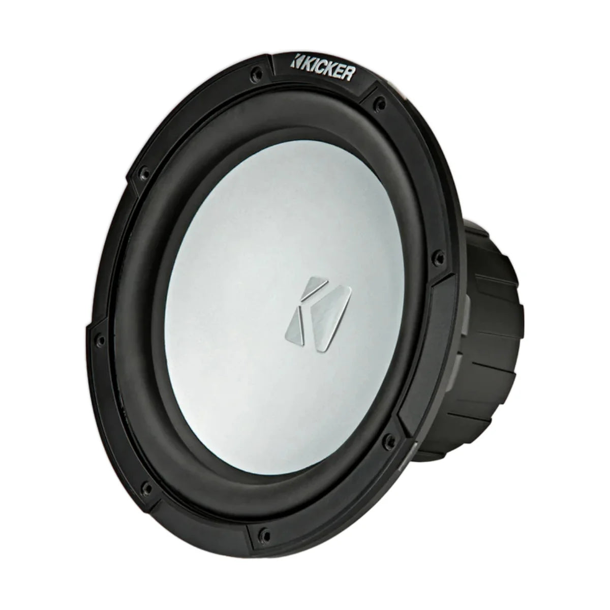 Image of a Kicker marine subwoofer speaker on a white background.