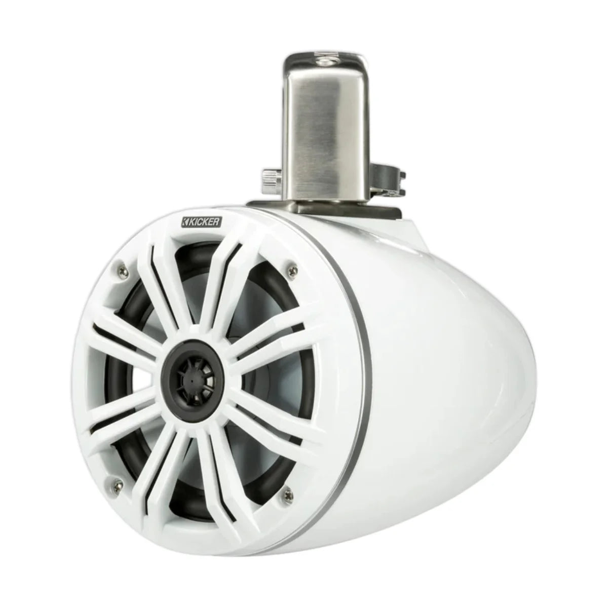 Image of a Kicker marine tower speaker on a white background.