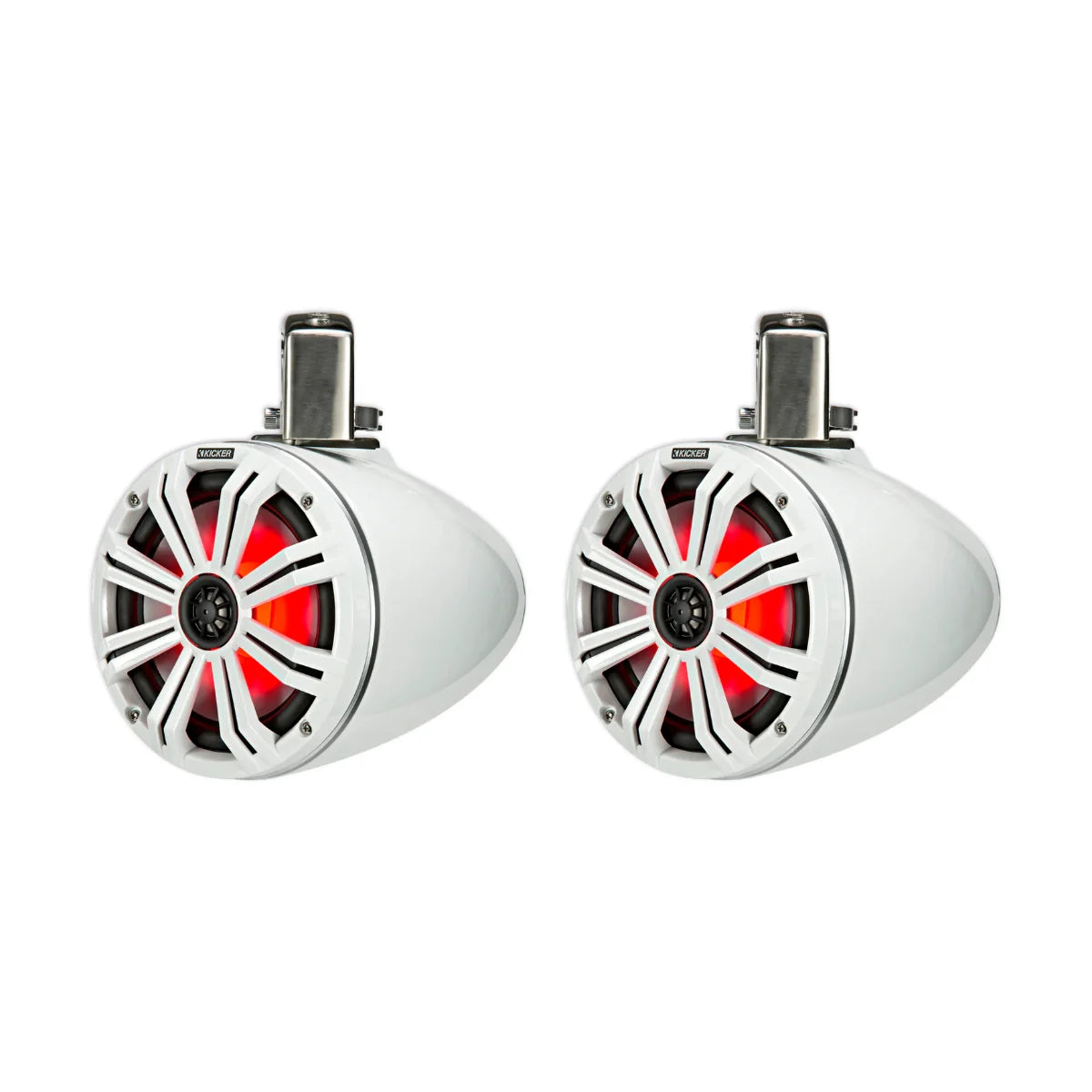 Image of a pair of Kicker marine tower speakers on a white background.