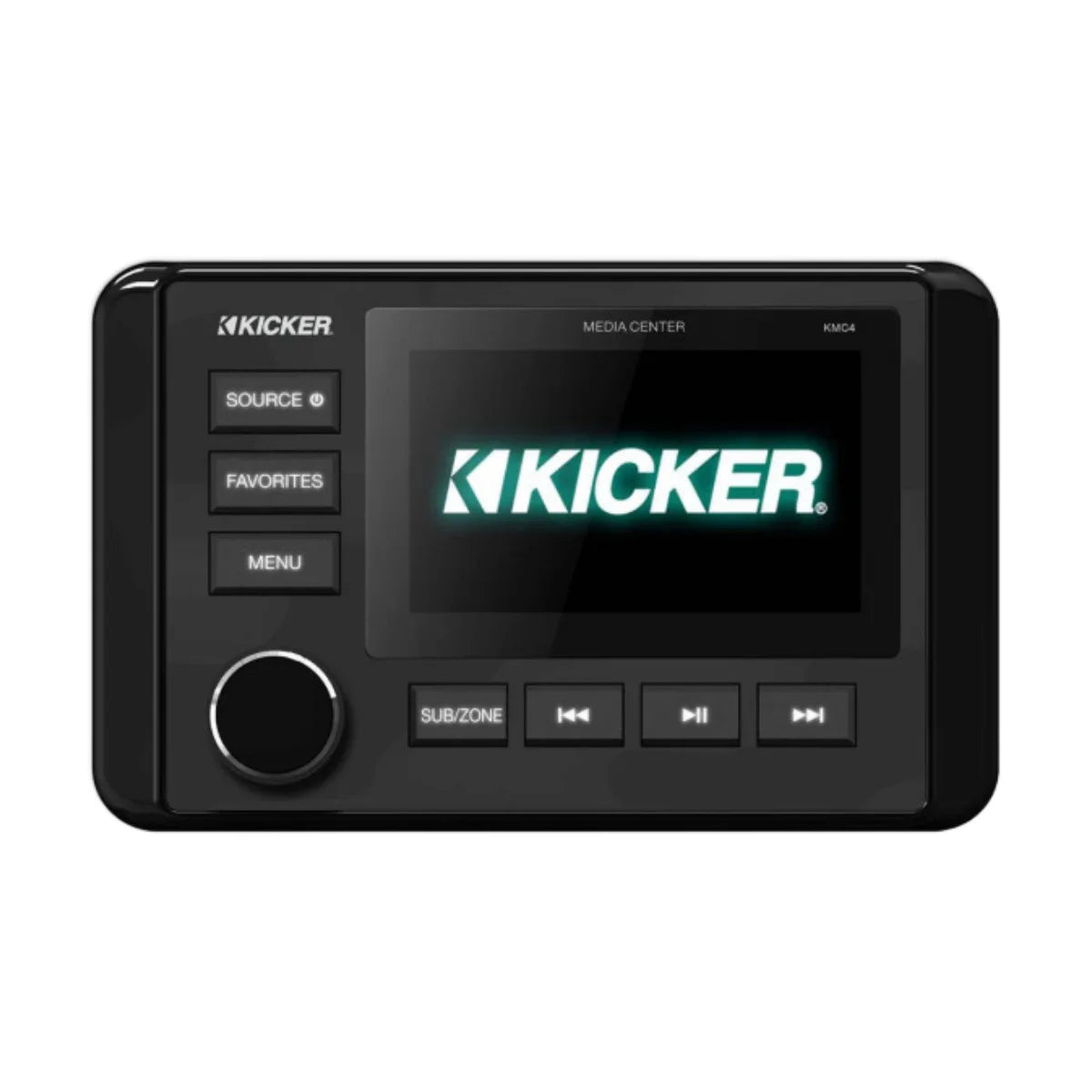 Image of a Kicker marine media source unit on a white background.