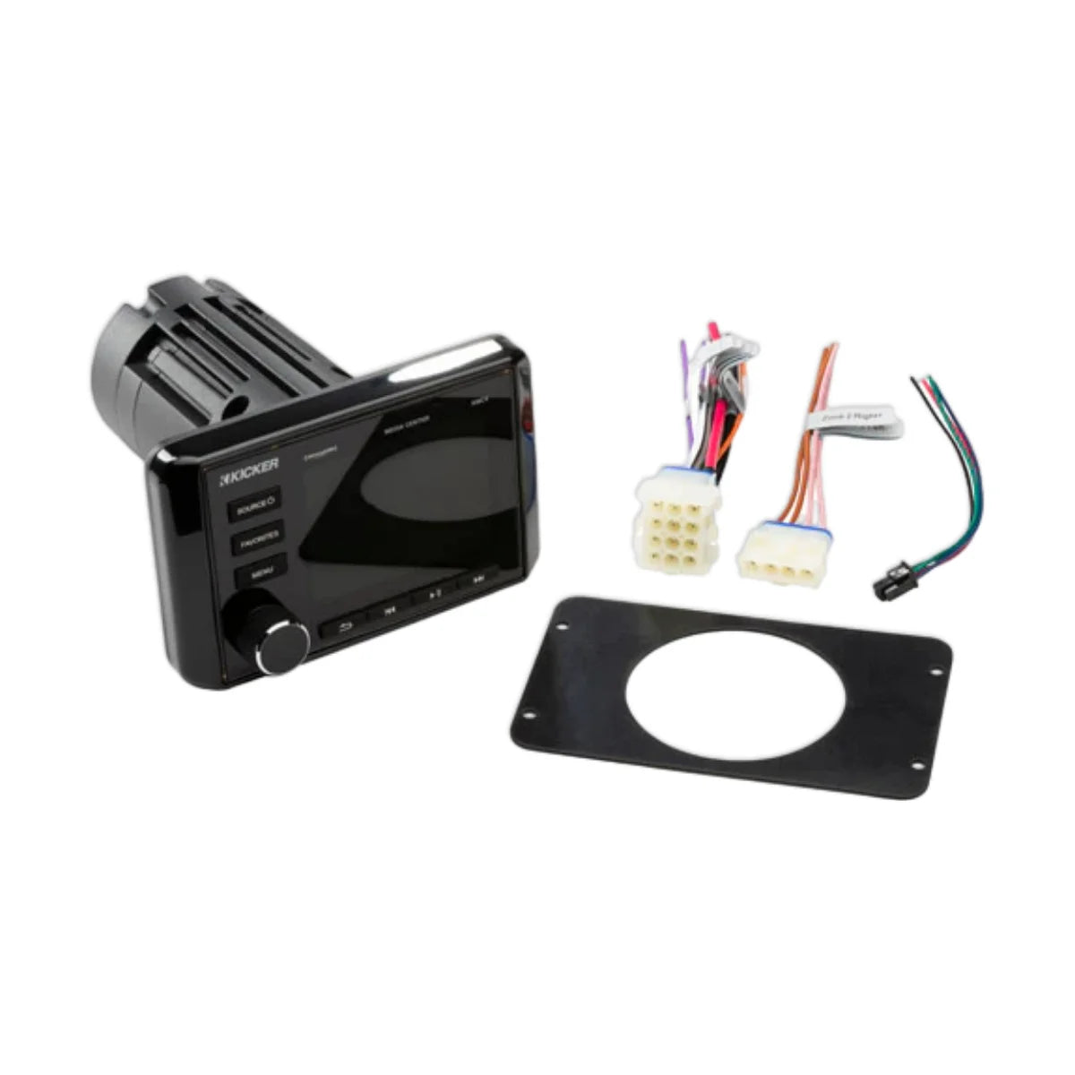 Image of a Kicker marine media source unit with fitting kit on a white background.