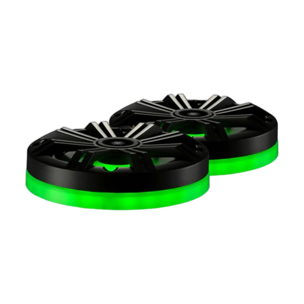 Image of a pair of speaker grills with LED rings on a white background.