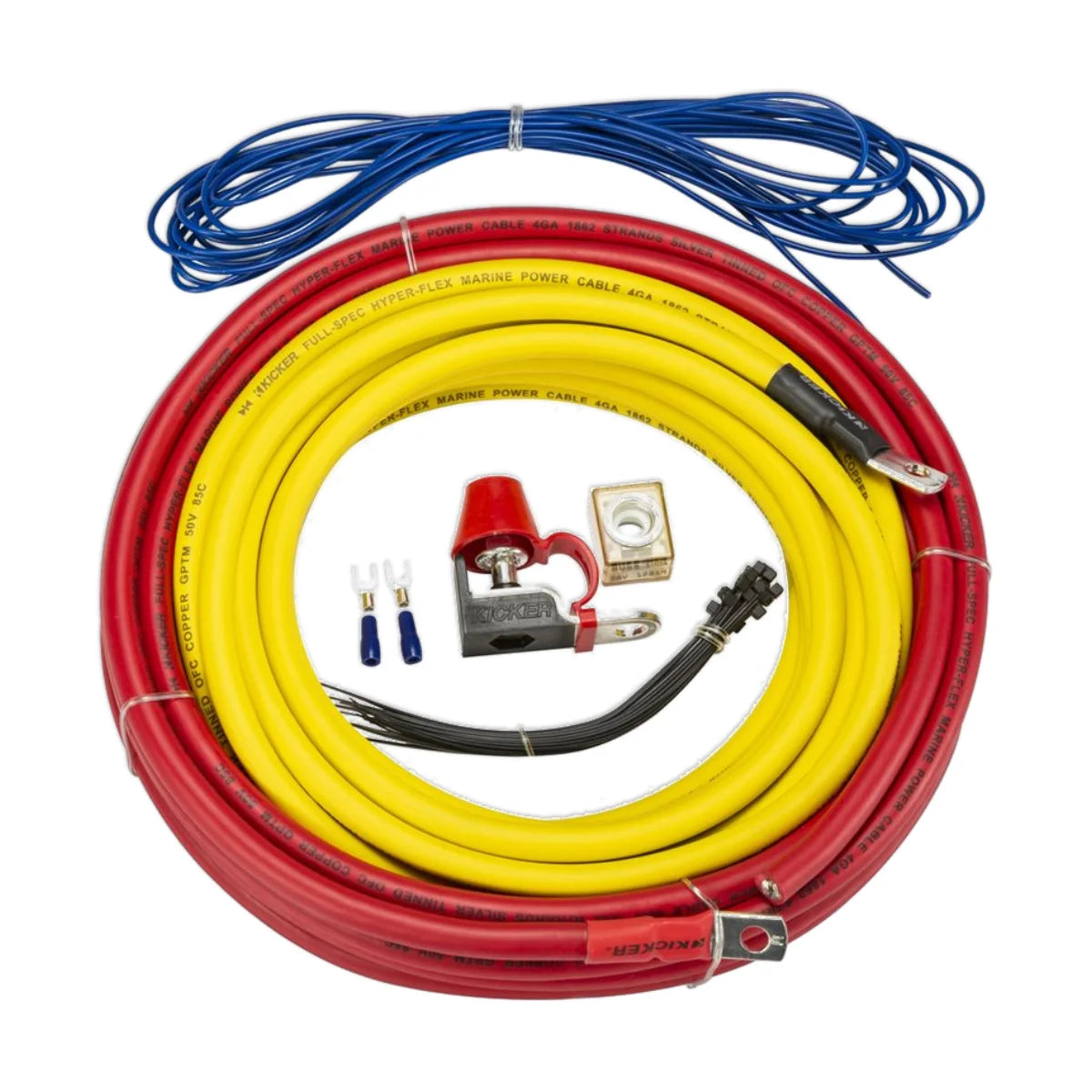 Image of coiled up wire, with various fixings and hardware on a white background.