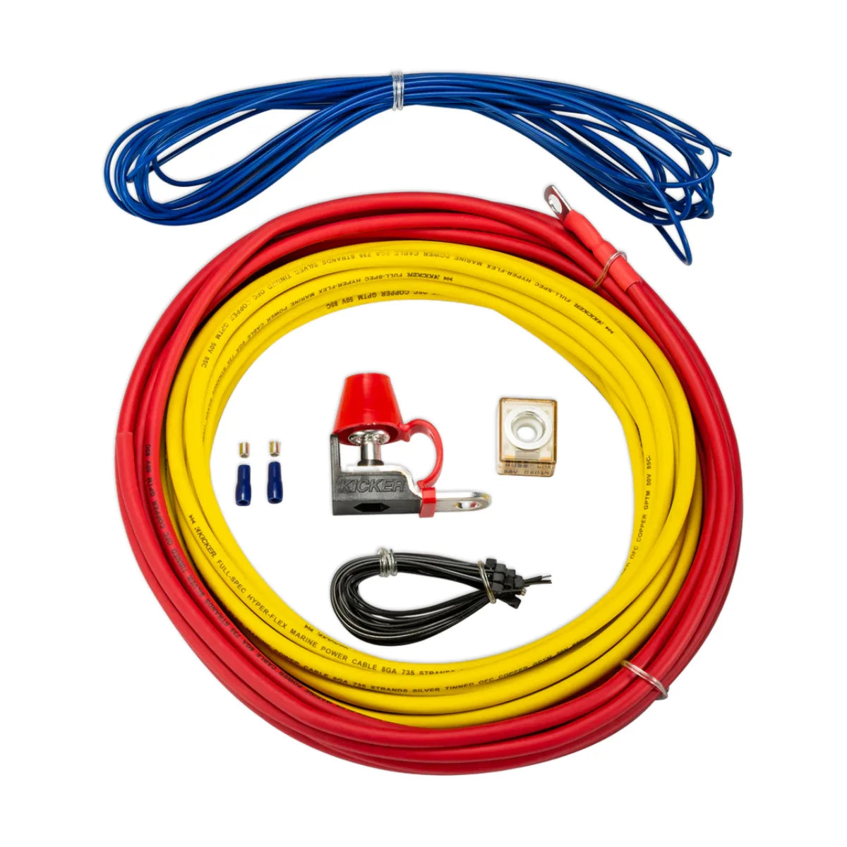 Image of coiled up wire, with various fixings and hardware on a white background.