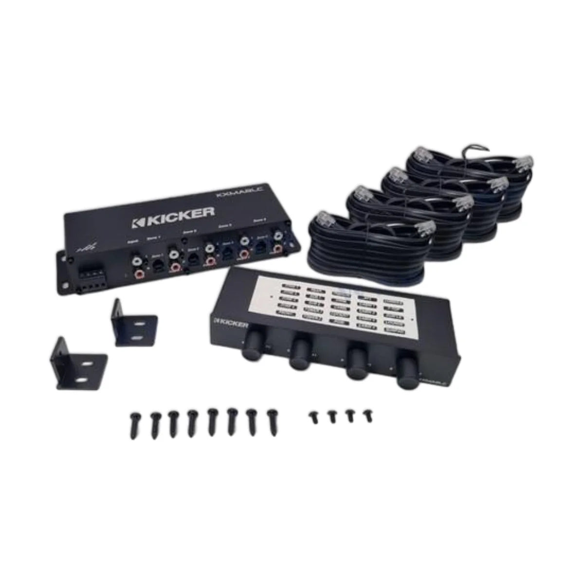 Image of a marine audio amplifier kit and wires on a white background.