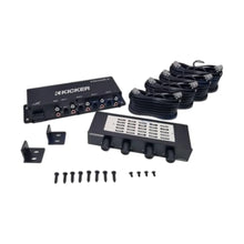 Image of a marine audio amplifier kit and wires on a white background.