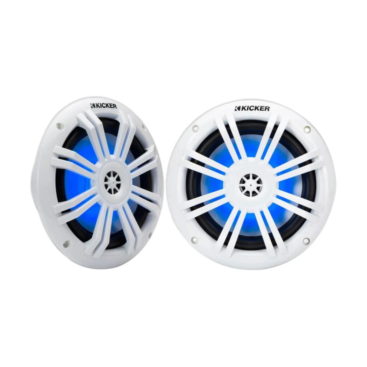 Image of a pair of Kicker speakers on a white background.